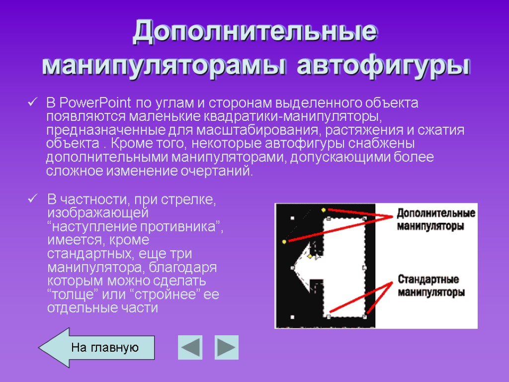 Дополнительные манипуляторамы автофигуры В PowerPoint по углам и сторонам выделенного объекта появляются маленькие квадратики-манипуляторы,